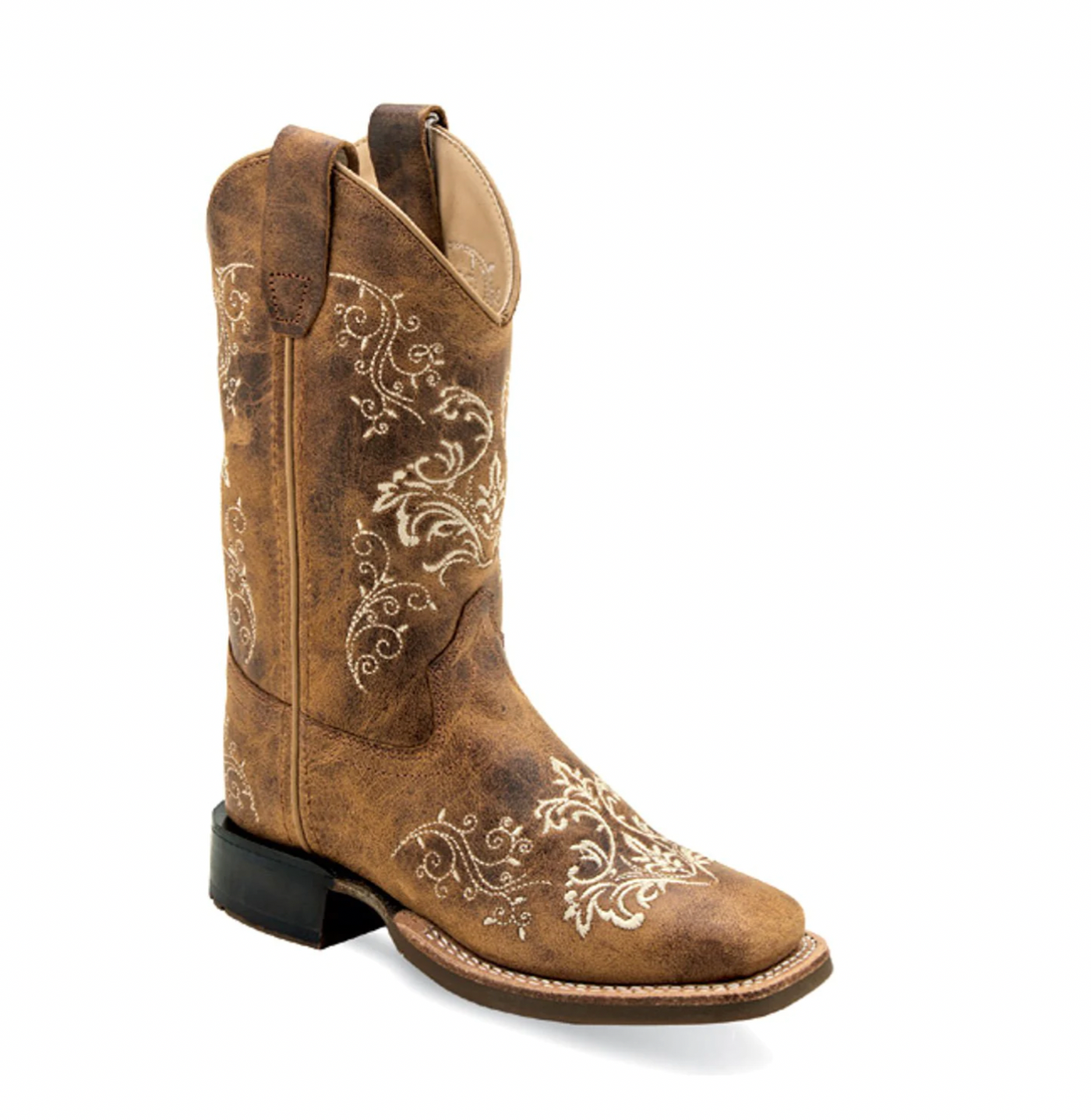 Kids Burnt Tan Embroidered Square Toe Boots